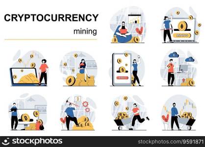 Cryptocurrency mining concept with character situations mega set. Bundle of scenes people analysing financial trends, mining bitcoins and other crypto coins. Vector illustrations in flat web design