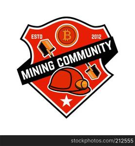 Cryptocurrency mining emblem isolated on white background. Design elements for logo,label, emblem, sign. Vector illustration