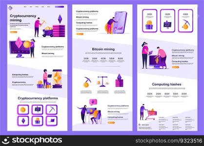 Cryptocurrency mining flat landing page. Cryptocurrency platform, bitcoin mining corporate website design. Web banner with header, middle content, footer. Vector illustration with people characters.