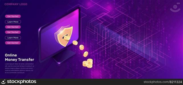 Cryptocurrency mining isometric concept vector illustration. Computer monitor with golden shield on screen, gold coins flying out, isolated illustration on ultraviolet background with big data stream. Cryptocurrency mining isometric concept