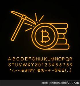 Cryptocurrency mining neon light icon. Bitcoin crypto mining. Cryptocurrency business. Bitcoin coins stack with pickaxe. Glowing sign with alphabet, numbers and symbols. Vector isolated illustration. Cryptocurrency mining service neon light icon