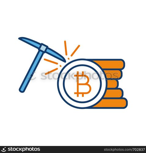 Cryptocurrency mining service color icon. Bitcoin crypto mining. Cryptocurrency business. Bitcoin coins stack with pickaxe. Isolated vector illustration. Cryptocurrency mining service color icon