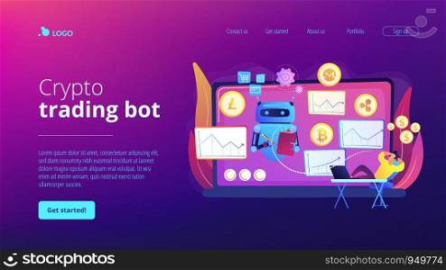 Cryptocurrency mining software, artificial intelligence for e business. Crypto trading bot, automated AI tradings, best bitcoin trading bot concept. Website homepage landing web page template.. Crypto trading bot concept landing page
