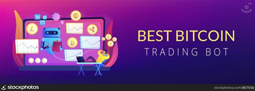 Cryptocurrency mining software, artificial intelligence for e business. Crypto trading bot, automated AI tradings, best bitcoin trading bot concept. Header or footer banner template with copy space.. Crypto trading bot concept banner header