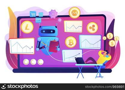 Cryptocurrency mining software, artificial intelligence for e business. Crypto trading bot, automated AI tradings, best bitcoin trading bot concept. Bright vibrant violet vector isolated illustration. Crypto trading bot concept vector illustration