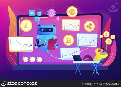 Cryptocurrency mining software, artificial intelligence for e business. Crypto trading bot, automated AI tradings, best bitcoin trading bot concept. Bright vibrant violet vector isolated illustration