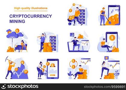 Cryptocurrency mining web concept with people scenes set in flat style. Bundle of extracting bitcoins and other crypto coins, investing in mining farms. Vector illustration with character design