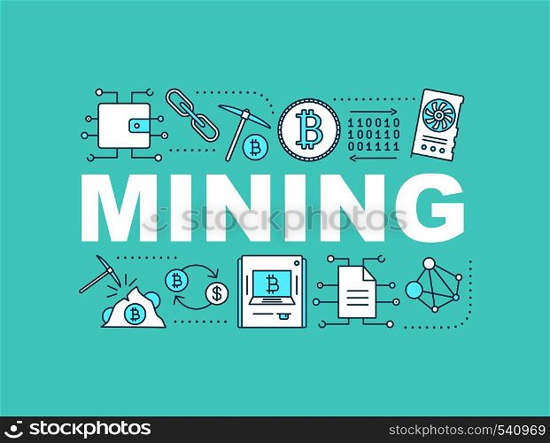Cryptocurrency mining word concepts banner. Crypto business. Isolated lettering typography idea with linear icons. Bitcoin. Vector outline illustration. Cryptocurrency mining word concepts banner