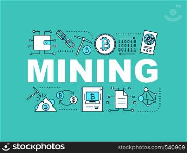 Cryptocurrency mining word concepts banner. Crypto business. Isolated lettering typography idea with linear icons. Bitcoin. Vector outline illustration. Cryptocurrency mining word concepts banner