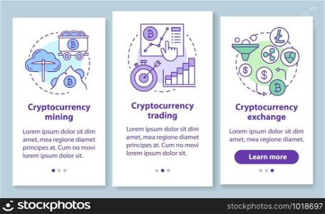 Cryptocurrency onboarding mobile app page screen with linear concepts. Crypto currency mining, trading and exchange walkthrough graphic instructions. UX, UI, GUI vector template with illustrations