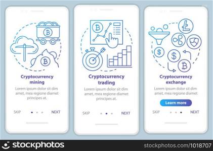 Cryptocurrency onboarding mobile app page screen with linear concepts. Crypto currency mining, trading and exchange walkthrough blue gradient instructions. UX, UI, GUI template with illustrations