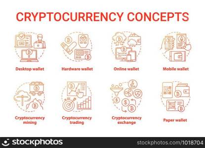 Cryptocurrency red concept icons set. Digital asset idea thin line illustrations. Desktop, hardware wallet. Financial transaction. Bitcoin exchange. Vector isolated outline drawings