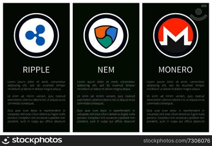 Cryptocurrency signs inside circles promo posters. Blue ripple, colorful nem and orange monero with s&le text cartoon flat vector illustrations.. Cryptocurrency Signs inside Circles Promo Posters