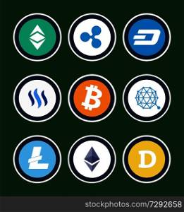 Cryptocurrency symbols in form of letters or geometric shapes inside circles isolated cartoon vector illustrations collection on green background.. Cryptocurrency Symbols Inside Circles Collection