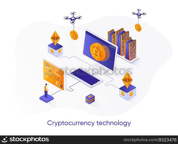 Cryptocurrency technology isometric web banner. Cryptography and blockchain fintech solution isometry concept. Cryptocurrency mining software 3d design. Vector illustration with people characters.