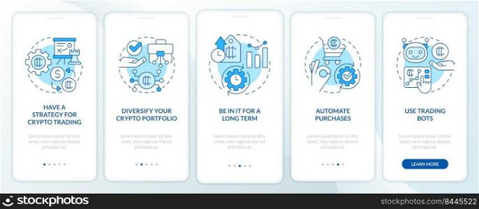 Cryptocurrency tips blue onboarding mobile app screen. Making money walkthrough 5 steps editable graphic instructions with linear concepts. UI, UX, GUI template. Myriad Pro-Bold, Regular fonts used. Cryptocurrency tips blue onboarding mobile app screen