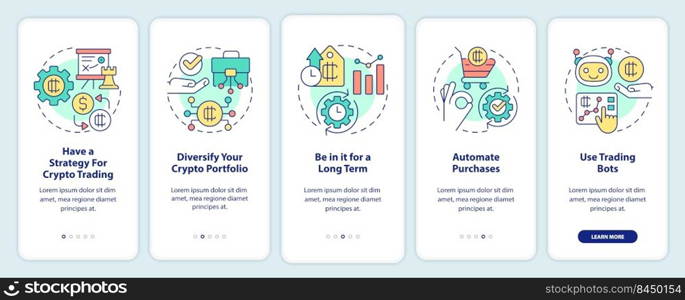 Cryptocurrency tips onboarding mobile app screen. Making money walkthrough 5 steps editable graphic instructions with linear concepts. UI, UX, GUI template. Myriad Pro-Bold, Regular fonts used. Cryptocurrency tips onboarding mobile app screen