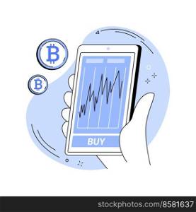 Cryptocurrency trading app isolated cartoon vector illustrations. Mans hand holding smartphone, using crypto exchange app, CFD account, money investment, stock market vector cartoon.. Cryptocurrency trading app isolated cartoon vector illustrations.