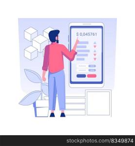 Cryptocurrency trading app isolated concept vector illustration. Man with smartpho≠using crypto exchan≥app, CFD account, coins growth, blockchain technology, raising mo≠y vector concept.. Cryptocurrency trading app isolated concept vector illustration.