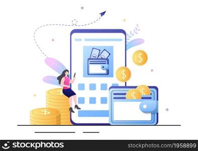 Cryptocurrency Wallet App on Mobile of Blockchain Technology, Bitcoin, Money Market, Altcoins or Finance Exchange with Credit Card in Flat Vector Illustration