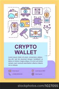 Cryptocurrency wallet poster template layout. Bitcoin mining farm. Crypto ewallet. Banner, booklet, leaflet print design with icons. Vector brochure page layouts for magazines, advertising flyers