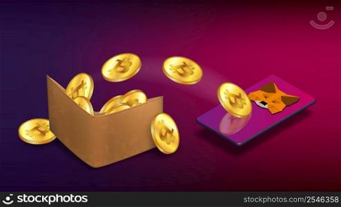 Cryptocurrency wallet with Bitcoin coins which fly to isometric cellphone with MetaMask logo on purple background. Crypto wallet for Defi, Web3 Dapps and NFTs. Vector illustration.. Cryptocurrency wallet with Bitcoin coins which fly to isometric cellphone with MetaMask logo on purple background. Crypto wallet for Defi, Web3 Dapps and NFTs.