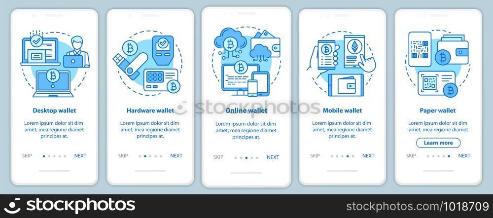 Cryptocurrency wallets types onboarding mobile app page screen with linear concepts. Electronic bitcoin currency transactions walkthrough blue steps graphic instructions. UX, UI, GUI vector template