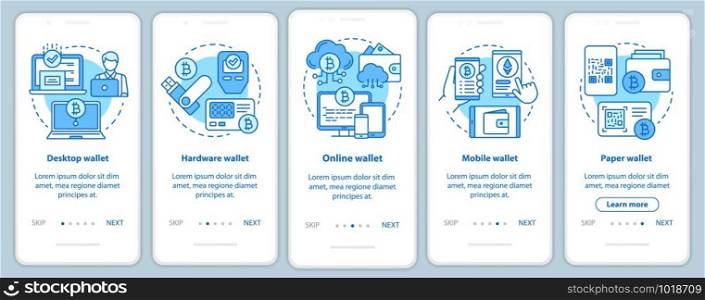 Cryptocurrency wallets types onboarding mobile app page screen with linear concepts. Electronic bitcoin currency transactions walkthrough blue steps graphic instructions. UX, UI, GUI vector template