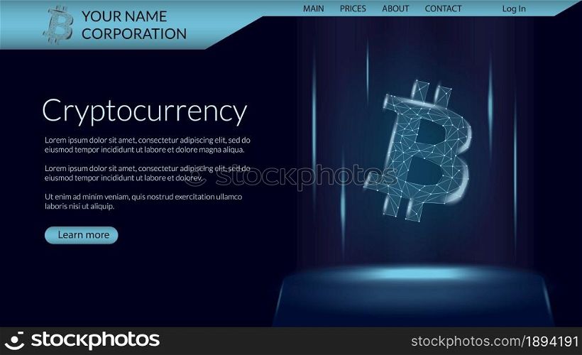Cryptocurrency website page template with cryptocurrency polygonal wireframe Bitcoin token. Digital coin logo with a brief description. Website header layout. Vector illustration.