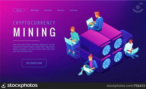 Cryptocyrrency mining landing page. People with laptops working near the mining farm. Blockchain global system and mining group concept on ultraviolet background. Vector 3d illustration.. Cryptocyrrency mining landing page.