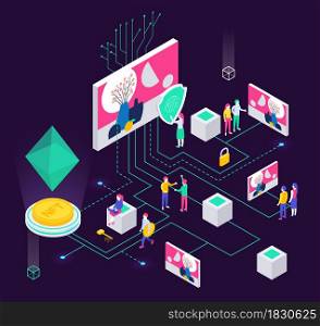 Cryptographic art crypto art nft isometric composition with human characters and holographic objects connected with lines vector illustration. NFT Token Flowchart Composition