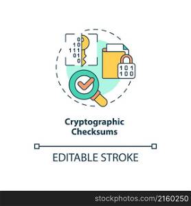 Cryptographic checksums concept icon. Personal information integrity abstract idea thin line illustration. Isolated outline drawing. Editable stroke. Roboto-Medium, Myriad Pro-Bold fonts used. Cryptographic checksums concept icon