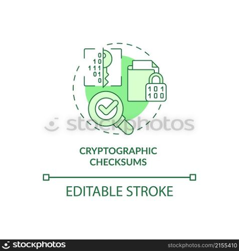 Cryptographic checksums green concept icon. Personal information abstract idea thin line illustration. Isolated outline drawing. Editable stroke. Roboto-Medium, Myriad Pro-Bold fonts used. Cryptographic checksums green concept icon