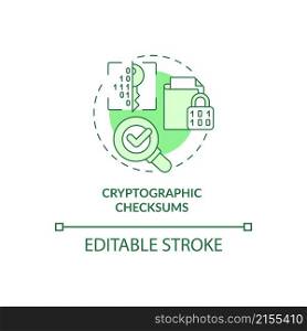 Cryptographic checksums green concept icon. Personal information abstract idea thin line illustration. Isolated outline drawing. Editable stroke. Roboto-Medium, Myriad Pro-Bold fonts used. Cryptographic checksums green concept icon