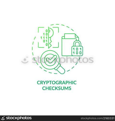 Cryptographic checksums green gradient concept icon. Sensitive information. Data integrity abstract idea thin line illustration. Isolated outline drawing. Roboto-Medium, Myriad Pro-Bold fonts used. Cryptographic checksums green gradient concept icon