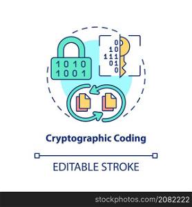 Cryptographic coding concept icon. Data encryption. Coding abstract idea thin line illustration. Isolated outline drawing. Editable stroke. Roboto-Medium, Myriad Pro-Bold fonts used. Cryptographic coding concept icon