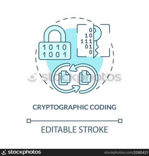 Cryptographic coding turquoise concept icon. Virtual algorithms abstract idea thin line illustration. Isolated outline drawing. Editable stroke. Roboto-Medium, Myriad Pro-Bold fonts used. Cryptographic coding turquoise concept icon