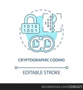 Cryptographic coding turquoise concept icon. Virtual algorithms abstract idea thin line illustration. Isolated outline drawing. Editable stroke. Roboto-Medium, Myriad Pro-Bold fonts used. Cryptographic coding turquoise concept icon