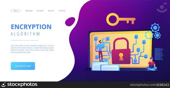 Cryptographic officer and system administrator create algorithm code for key owner of blockchain. Cryptography and encryption algorithm concept. Website vibrant violet landing web page template.. Cryptography and encryption concept landing page.