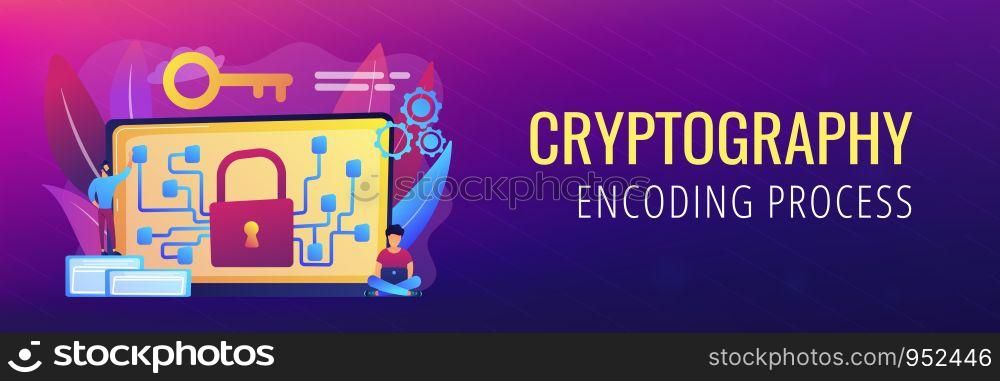 Cryptographic officer and system administrator create algorithm code for key owner of blockchain. Cryptography and encryption algorithm concept. Header or footer banner template with copy space.. Cryptography and encryption concept banner header.