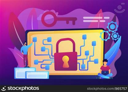 Cryptographic officer and system administrator create algorithm code for key owner of blockchain. Cryptography and encryption algorithm concept. Bright vibrant violet vector isolated illustration. Cryptography and encryption concept vector illustration.