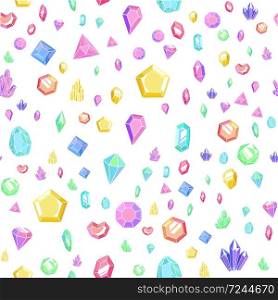 Crystal and gem seamless pattern. Bright abstract texture with crystals and gems, minerals and diamonds. Vector colorful background with isolated elements. Crystal and gem seamless pattern. Bright texture with crystals and gems, minerals and diamonds. Vector background with isolated elements
