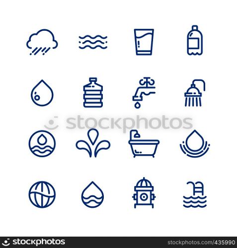 Crystal clean water drops, fresh drinks and hygiene line vector icons. Water drop and drink pure illustration. Crystal clean water drops, fresh drinks and hygiene line vector icons