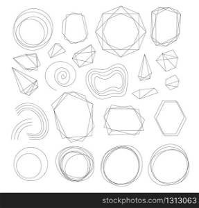Crystal frames, vector abstract geometric shape diamond jewel borders. Triangle, square, spiral circle and polygonal curve line frames templates for wedding, save the date and birthday design elements. Crystal frames, abstract geometric shape borders