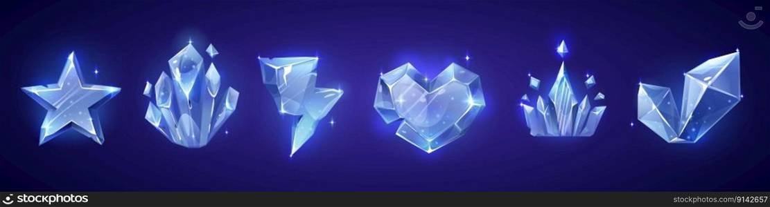 Crystal game crown, heart and star vector icon set. Isolated magic gem ui cartoon asset design. Blue lightning diamond illustration with glow. Cristal texture clipart collection for interface. Crystal game crown, heart and star vector icon set