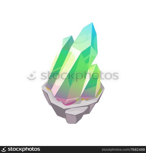 Crystal gem or gemstone quartz, jewel stone rock, vector isolated icon. Emerald jewelry mineral, precious diamond or ice glass and rhinestone with green crystal brilliant shine. Crystal gem or gemstone quartz, jewel stone rock