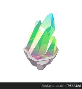 Crystal gem or gemstone quartz, jewel stone rock, vector isolated icon. Emerald jewelry mineral, precious diamond or ice glass and rhinestone with green crystal brilliant shine. Crystal gem or gemstone quartz, jewel stone rock