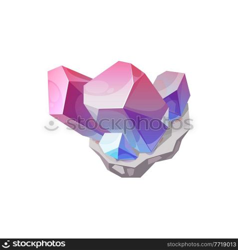 Crystal gem stone, gemstone jewel quartz rock vector isolated icon. Diamond crystal or mineral gems stone and ice of pink and blue glass, crystalline rock and jewelry rhinestone. Crystal gem stone, gemstone jewel quartz rock icon