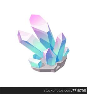 Crystal gem stone, quartz jewel or gemstone icon, vector mineral rock. Diamond crystal or pink blue ice, game jewelry glass or purple turquoise rhinestone, flat isolated amethyst or topaz. Crystal gem stone quartz, jewel gemstone mineral