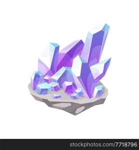 Crystal gem stone quartz or jewel gemstone and mineral rock, vector icon. Diamond crystal ice or game jewelry glass, blue purple sapphire rhinestone, flat isolated crystal gem. Crystal gem stone quartz, jewel gemstone rock icon